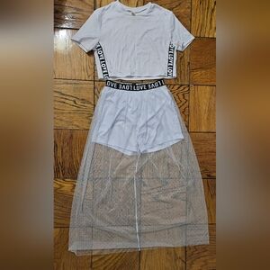 White Mesh Overlay Skirt and Shirt